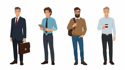 Four diverse men in business casual and formal attire standing together.