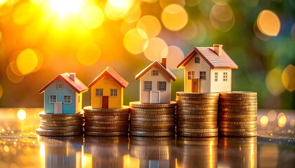 コインの上に並ぶ小さな家が資産形成と不動産投資の成長を象徴する演出