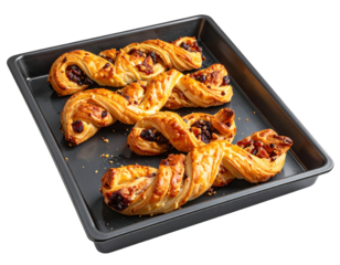 Golden, Twisted Pastries with Dried Fruit Filling on a Baking Tray.