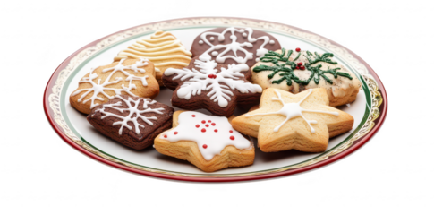 A beautifully arranged plate of festive Christmas cookies featuring various shapes and intricate icing designs. set against a clean white background. perfect for holiday celebrations and baking events