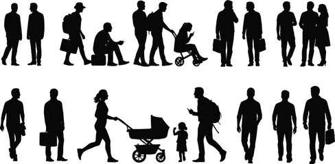 People silhouettes walking standing family business urban lifestyle activities men women parents children crowd daily life black isolated figures collection