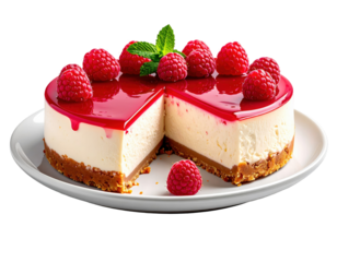Raspberry cheesecake with a slice removed, topped with mint leaves and red glaze