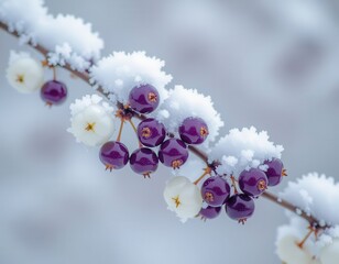 Purple and White Berries Covered in Snowy Frost