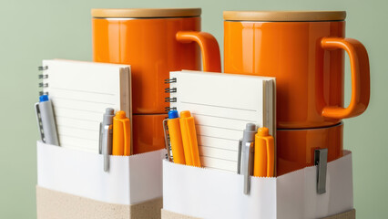 Bright orange mugs and neatly organized notebooks with colorful pens in minimalist desk containers on soft green background creating tidy modern workspace