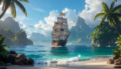 A large ship sails through turquoise waters near a sandy beach with palm trees and rocky outcrops, set against a backdrop of lush green mountains and a blue sky with fluffy white clouds.