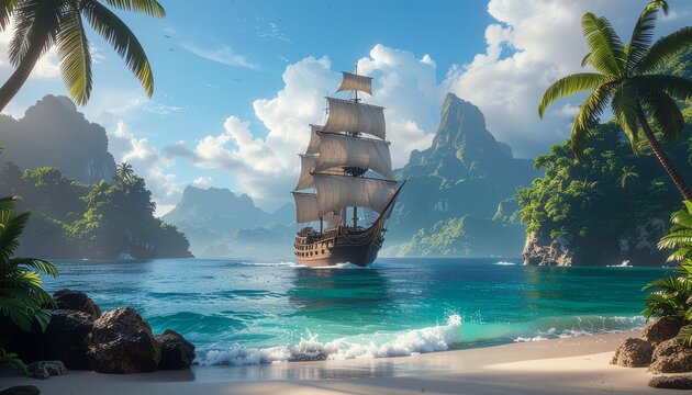 A large ship sails through turquoise waters near a sandy beach with palm trees and rocky outcrops, set against a backdrop of lush green mountains and a blue sky with fluffy white clouds. - Powered by Adobe