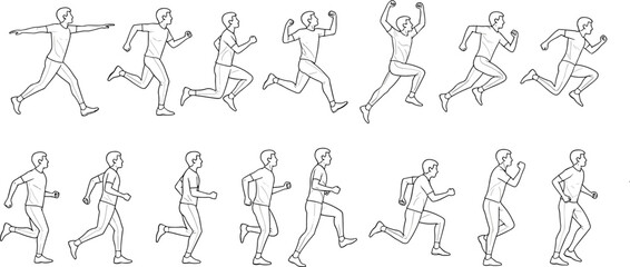 Running man poses, male athlete motion sequence, jogging sprint exercises, fitness training illustration, dynamic movement, sport anatomy, outline, study, set