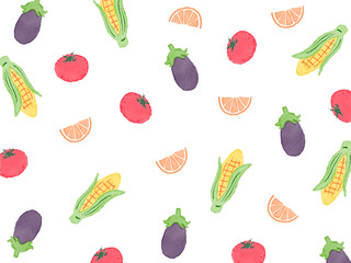 白背景にカラフル手描き夏のイラストパターン。水彩のとうもろこしとトマトと茄子
