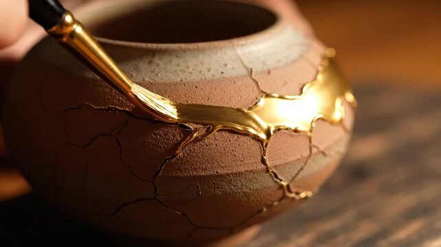 A hand delicately brushes gold lacquer onto a cracked ceramic pot, turning fractures into living art