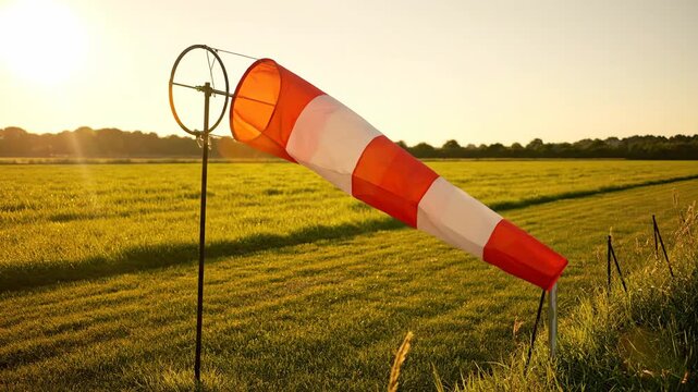 A wind direction indicator showing wind flow at sunset over a green field