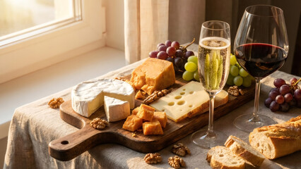 Gourmet cheese platter with red wine and sparkling champagne on a wooden board. Assorted appetizers with grapes, walnuts and baguette near a window