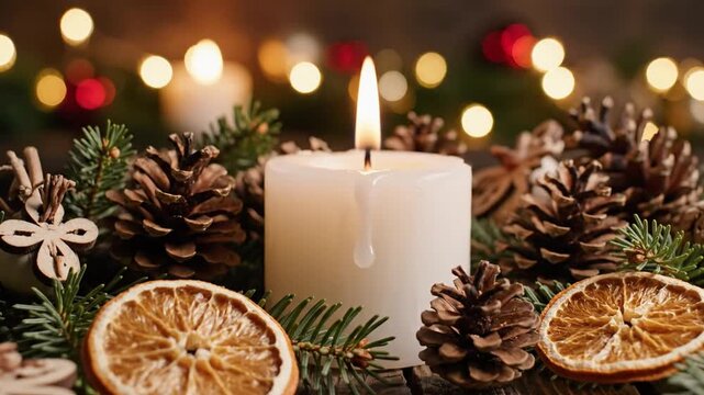 Warm holiday tableau with candle, pinecones, dried orange slices, evergreen twigs on wood warmly lit