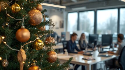 Christmas tree decoration in modern office workspace with blurred employees working in background, festive corporate holiday atmosphere and winter business mood