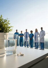 Glass Water And Pill With Medical Team Doctor Nurse In Hospital Healthcare Background