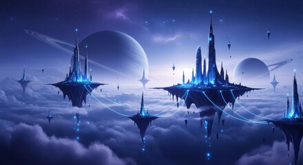 A surreal, ethereal landscape with floating islands, towering structures, and celestial bodies in the background.