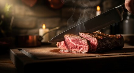 A steak being sliced on a wooden cutting board with a knife.
