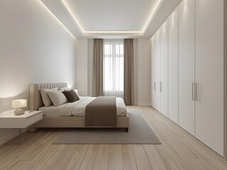 Fototapeta premium Modern minimalist bedroom interior with neutral tones, cozy bed, built-in wardrobe and soft daylight for luxury home living
