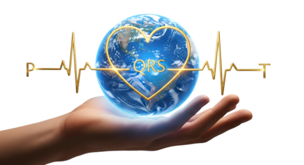 Hand holding earth globe with heart cardiogram for global healthcare isolated on tranparent background