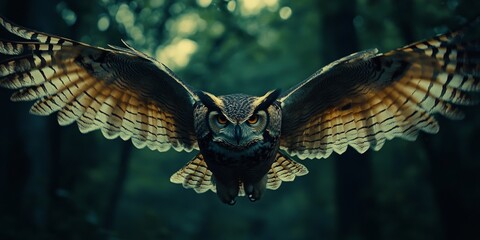 Fototapeta premium Majestic owl flying in forest with open wings