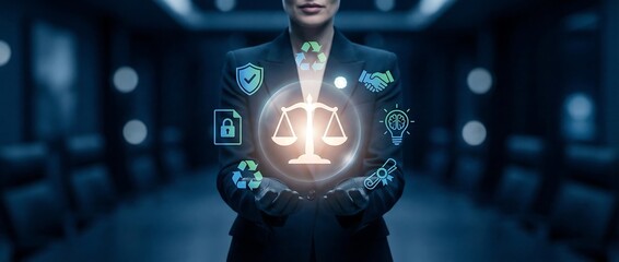 Advocacy and Justice: A professional in a suit, symbolizing fairness and legal representation, presents a visual representation of justice with icons.