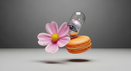 A pink flower with a yellow macaron and a glass capsule with a planet inside floating in the air.