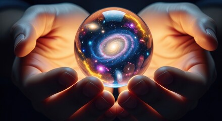 Two hands holding a crystal ball with a colorful galaxy inside.
