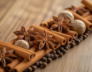 Aromatic Spices Displayed on Natural Wooden Surface