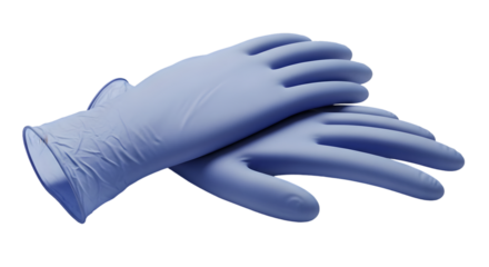 Pair of surgical blue latex gloves used in medical field, isolated on tranparent background