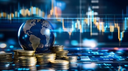 Blue globe on stacks of gold coins with stock market graph