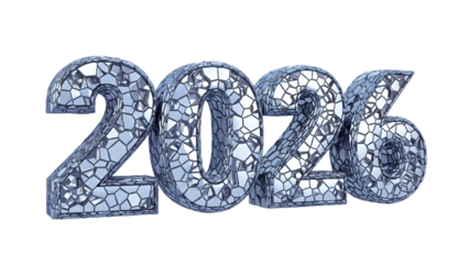 Silver cracked numbers 2026 isolated on transparent background