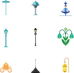Vector set of vintage street lamp silhouettes illustration and antique lamppost icons for decoration design