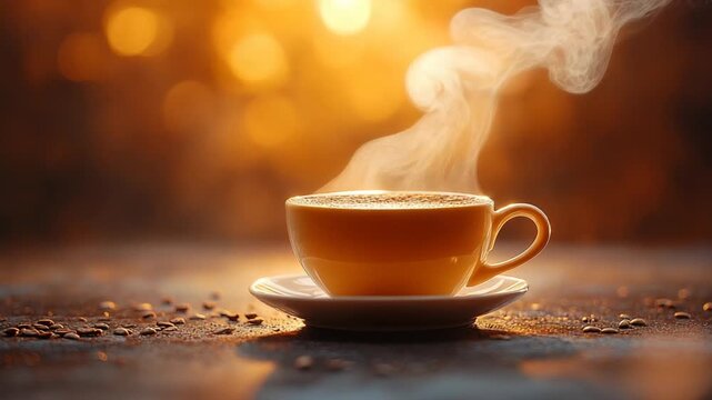 Steaming Coffee Cup on Saucer with Coffee Beans.