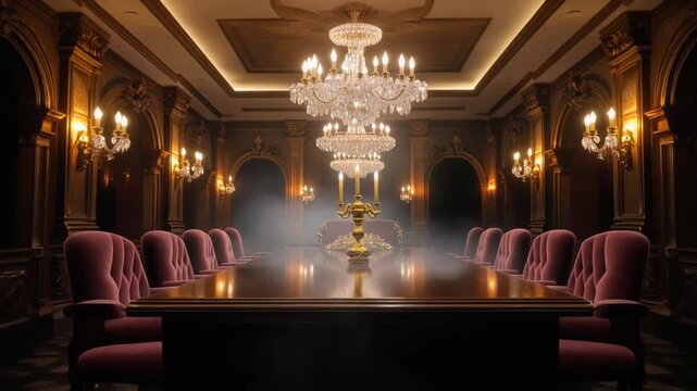 Opulent Grand Dining Room with Crystal Chandeliers and Velvet Chairs