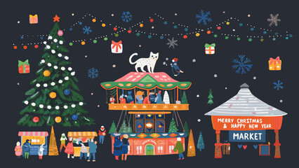 Whimsical christmas market scene with carousel and decorated tree © Etika