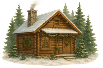 Obraz premium Cozy log cabin house for christmas holiday with pine trees and snow, traditional winter rustic theme, transparent background