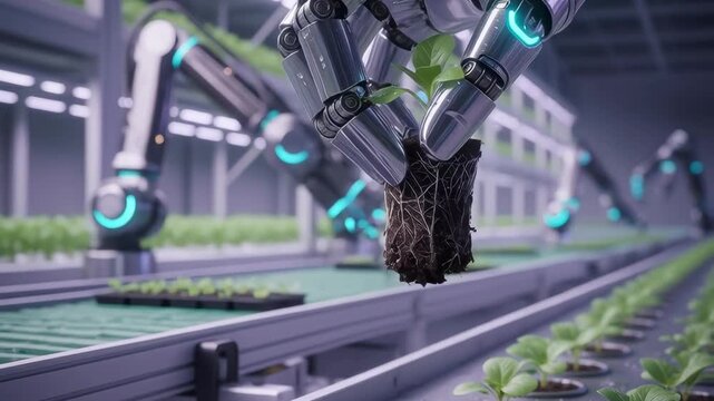 Futuristic agri robotics innovation with robotic arm planting green seedling modern indoor farm nurturing growth using advanced technology