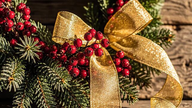 Festive Christmas Wreath of Pine, Berries, and Gold Ribbon Decoration