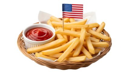 Crispy golden french fries with ketchup and an american flag toothpick isolated on tranparent background