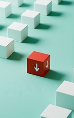 Fototapeta premium A single red cube with down arrows, positioned amidst a grid of white cubes on a mint-green surface