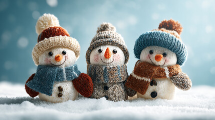 Three snowmen stand together wearing hats and scarves in a winter scene with falling snow