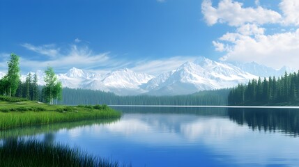 Calm blue lake reflects snow capped mountains and green forest
