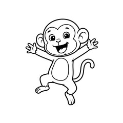 Fototapeta premium Monkey cartoon coloring book illustration of a happy monkey with arms raised and a cheerful expression suitable for children's activities on a white background.