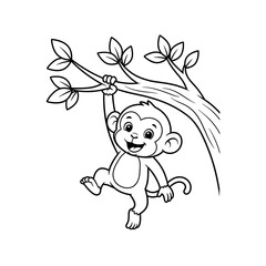 Naklejka premium Monkey cartoon coloring book illustration of a happy monkey hanging from a tree branch with leaves, suitable for children's activity sheets on a white background.