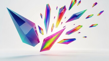Dynamic explosion of rainbow prism crystals on white, sharp faceted shards in cyan magenta yellow and green flying outward creating energetic futuristic abstract artwork for modern digital design
