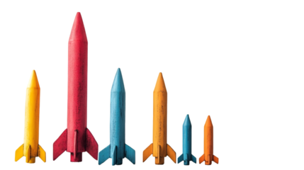 Colorful wooden toy rockets on white background business startup concept isolated on tranparent background