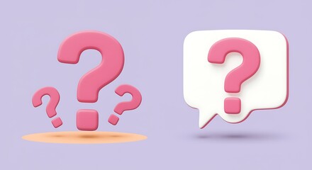 Pink 3D question marks and speech bubble representing frequently asked questions and communication uncertainty