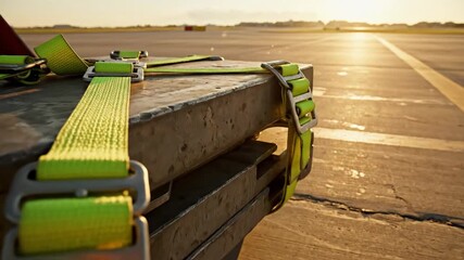 Metal Wheel Chocks with Yellow Straps Securing Heavy Cargo on an Airport Runway