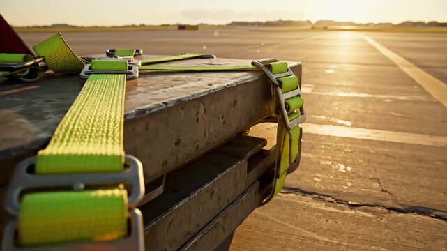 Metal Wheel Chocks with Yellow Straps Securing Heavy Cargo on an Airport Runway