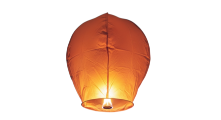 Orange sky lantern glowing brightly, isolated on transparent background
