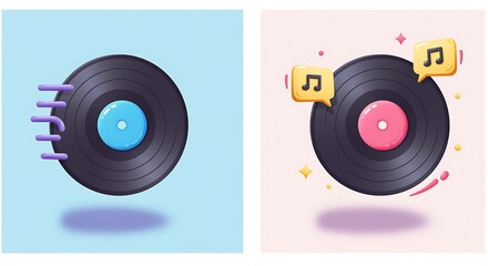 Stylish threedimensional vintage vinyl records with playful music notes and dynamic sound wave elements on colored backgrounds